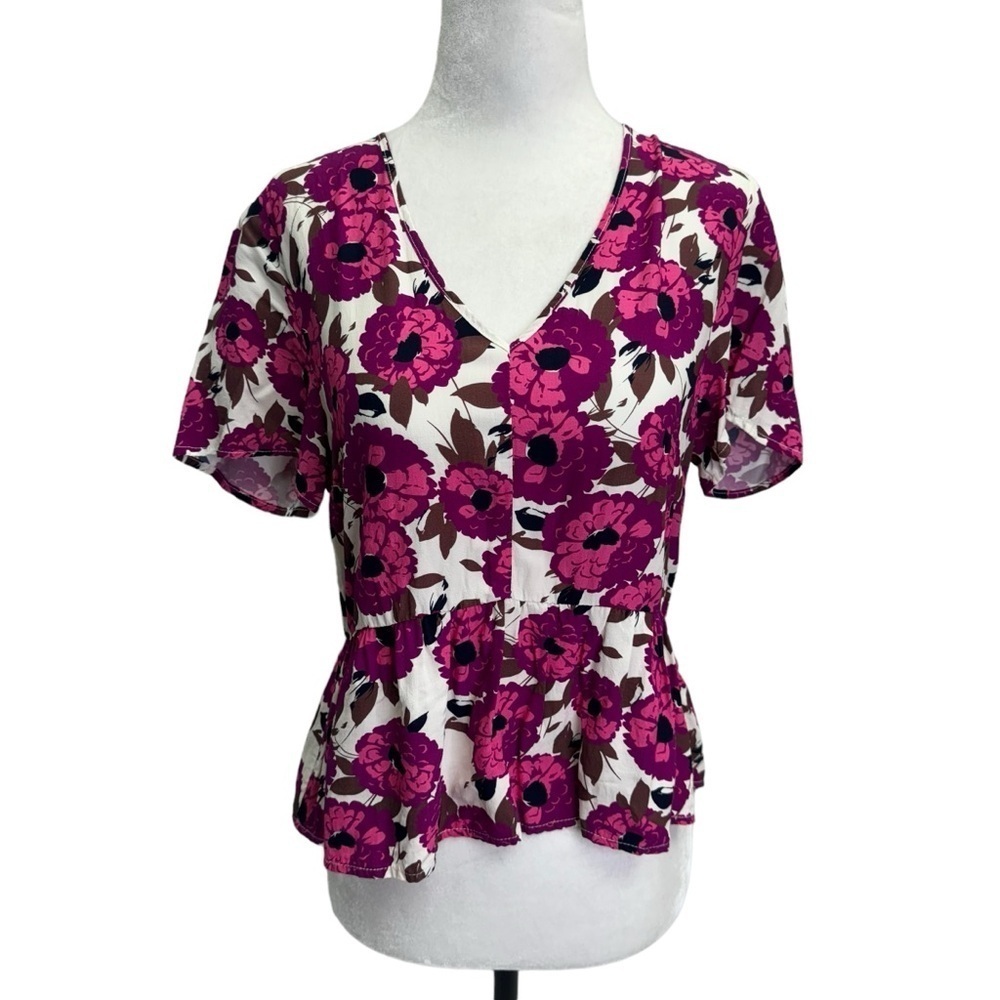 Frank & Oak Pink Floral V-Neck Peplum Top Size XS